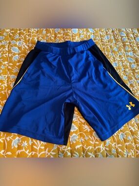Under Armour Men’s Royal Blue Athletic Shorts with Black Panels and Yellow Logo